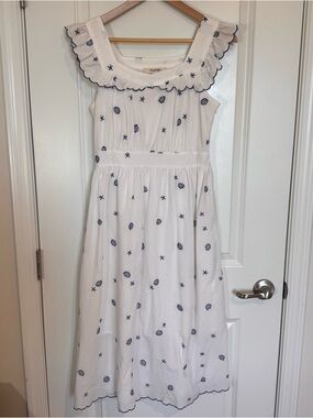Simple Retro 100% Cotton Marina Shell Embroidered Midi Slip Dress Sm Lined NWOT